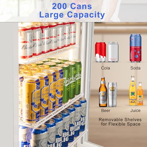 Image of 24 Inch Beverage Refrigerator with Glass Door, Undercounter Beverage Fridge 200 Cans Large Capacity, Beverage Cooler for Beer Soda with Reversible Door, Temperature Control, Safety Lock, White