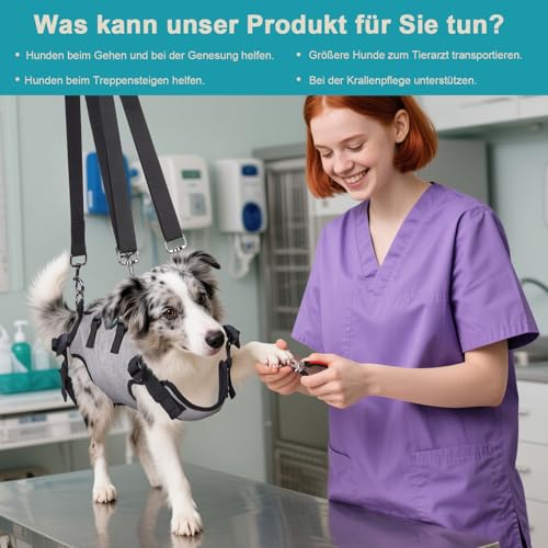 Ownpets Tragehilfe Geschirr, Hebegeschirr für kleine Hunde, Tragtuch für kleine Haustier, Ganzkörpergeschirr, Hunde Tragetasche mit Schultergurt, Weich, Wasserdicht, Einstellbar, Grau, L