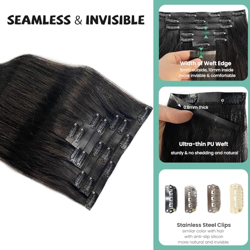 Image of Seamless Clip in Hair Extensions Human Hair, Natural Black Hair Extensions Real Human Hair Clip ins Extensions 7pcs 100G 16 Inch, Ubetta Straight Remy Human Hair Extensions for Women