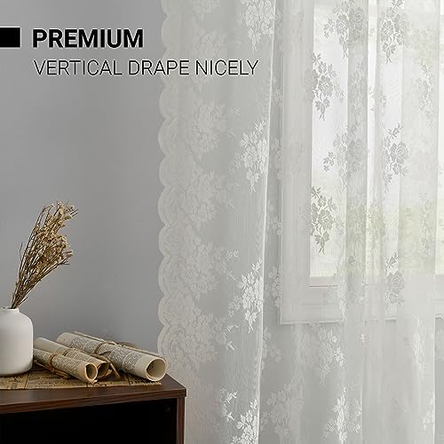 Kotile Ivory Lace Curtains 96 Inches Long - Country Floral Vintage Lace Window Curtains For Living Room, Premium Scalloped Floral Sheer Lace Curtain Panels, 52 X 96 Inch, 2 Panels, Ivory/Cream #TOP4
