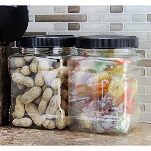 32Oz Square Plastic Jars (4-Pack, Quart); Clear Rectangular 4-Cup Canisters W/Black Lids, Easy-Grip Side #TOP4