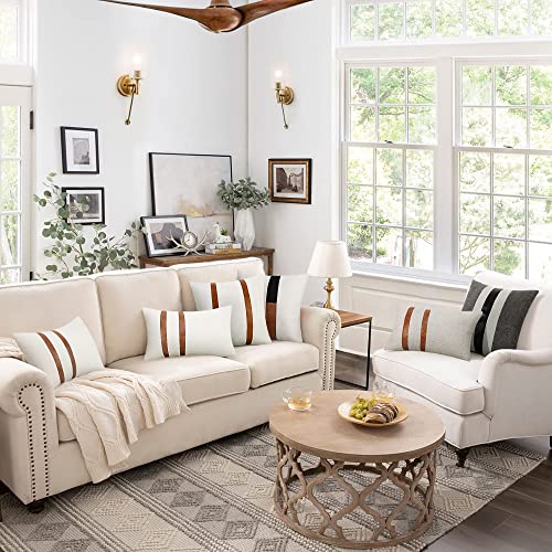 Merrycolor Pack Of 2 Faux Leather Pillow Covers 12X20 Brown Leather Lumbar Pillow Cover Rectangle Modern Farmhouse Decorative Accent Cushion Covers For Couch Sofa(Brown And Grey) #TOP6