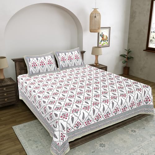 Image of Living Roots Jaipuri Hand Block Print Double Cotton Bedsheet & 2 Pillow Covers, for Mattress Upto 8 inches Thick, No Colour Bleeding, Orange Colour, Super King Size 96 * 104 inches, 150TC (572-B)