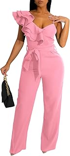 Womens Casual Jumpsuits V-Neck Sleeveless Ruffle Backless Belted Wide Leg Pant Sexy Romper Party Clubwear