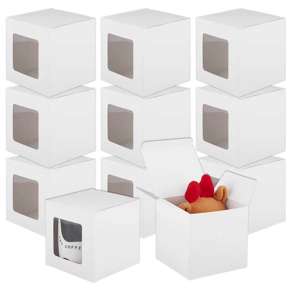 BENECREAT 15 Pcs Square Gift Boxes with Clear Window, 4.3x4.3x4.3 Inch/11x11x11cm White Paper Gift Boxes Small Packaging Boxes for Anniversaries, Birthday, Wedding, Graduation