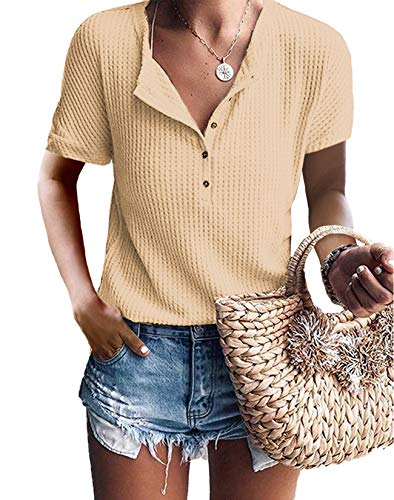 Women Summer Tops V Neck Short Sleeve Casual Soft Waffle Knit Shirts Apricot M