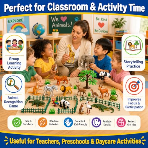 Image of Animals Set for Kids | Safari Animal Figures & Zoo Animal Toys with Trees, Fences & Mini Animal Figurines |50+ Pieces| Toys for Kids 3-5 Years