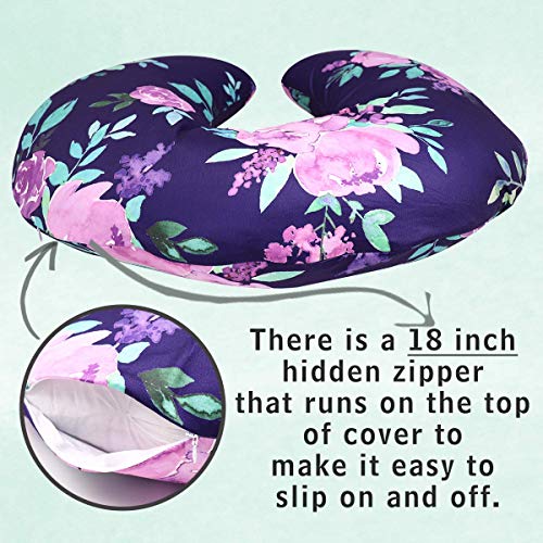 Image of Purple Floral Nursing Pillow Cover, Breastfeeding Pillow Slipcover for Baby Boys & Girls, Nursing Pillow Case for Newborn, Soft Fabric Fits Snug On Infant, Washable & Breathable, Watercolor Flower