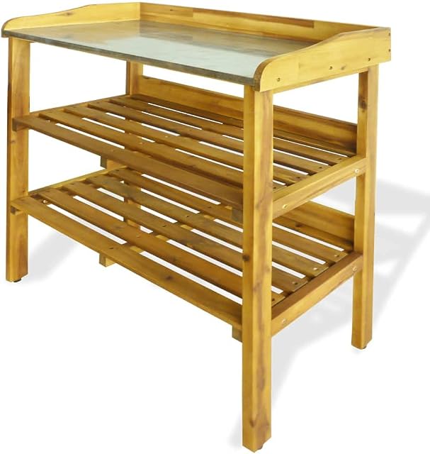 vidaXL Solid Acacia Wood and Zinc Potting Bench with 2 Shelves Flower Staging