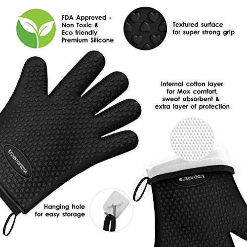 Image of KITCHEN PERFECTION XL Silicone Smoker Oven Gloves -Extreme Heat Resistant BBQ Gloves -Handle Hot Food Right on Your Grill Fryer & Pit | Waterproof Oven Mitts Grill Gloves |Superior Value Set+3 Bonuses