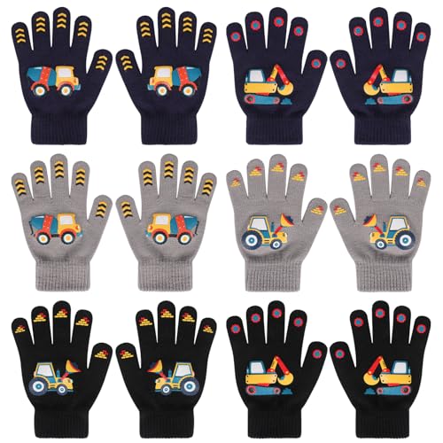 6 Pairs Children's Magic Gloves, Unisex Stretch Mittern Warm Knit Gloves Winter Thermal Glove Kid’s Full Fingers Glove Cold Weather Mitterns Excavator Pattern for Boys Girls 4-12 Years