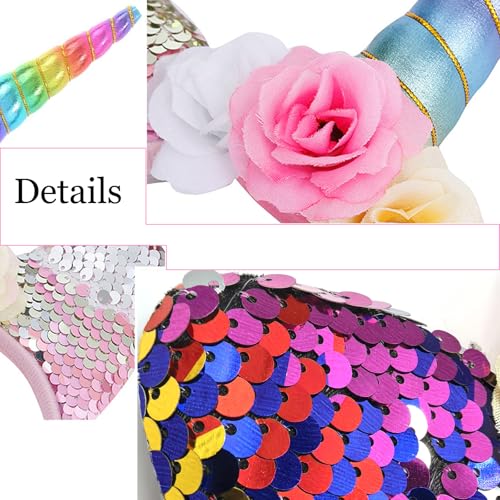 OIUUBBII Unicorn Horn Headband with Glitter Ears & 3 Colors Flowers Hair Hoop - Rainbow-colored Sparkly Unicorn Hairband Festival Birthday Cosplay Costume Party Accessories