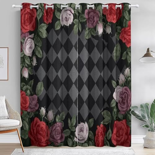Gris Rojo 100% Cortinas Opacas con Ojales, Flores Diseño Cuadros Impresión Antiarrugas Cortinas Térmicas Durable, 117 An x 138 Al cm (2Paneles) Cortinas para Dormitorio Salon Cocina
