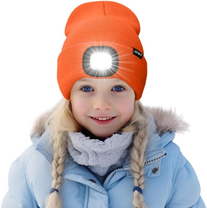 ATNKE Kids LED Lighted Beanie Hat,USB Rechargeable 4 LED Running Headlamp Bright Cap with Light Gifts for Boys and Girls