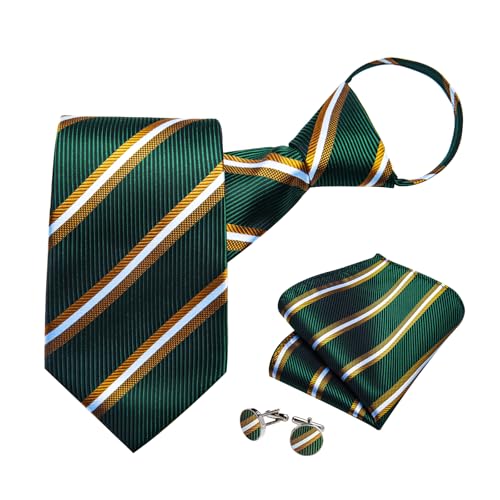 Image of DiBanGu Silk Zipper Ties for Men,Paisley Solid Plaid Pre-tied Tie and Pocket Square Cufflinks Set Formal Adjustable Necktie