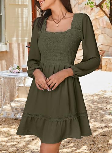 Dokotoo Dresses for Women 2025 Square Neck Long Sleeve Smocked Dress Flowy Tiered Ruffle Lace Beach Dress3