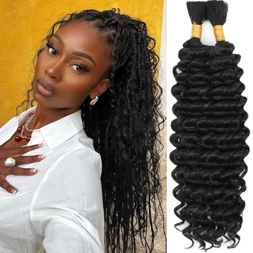 Human Braiding Hair Mix Synthetic Boho Hair for Braiding, 20 Inch Deep Wave Bulk for Boho Braids 2 Pcs Curly Bohemian Wet and Wavy Braiding Hair(1B, 20 Inch-2pcs)