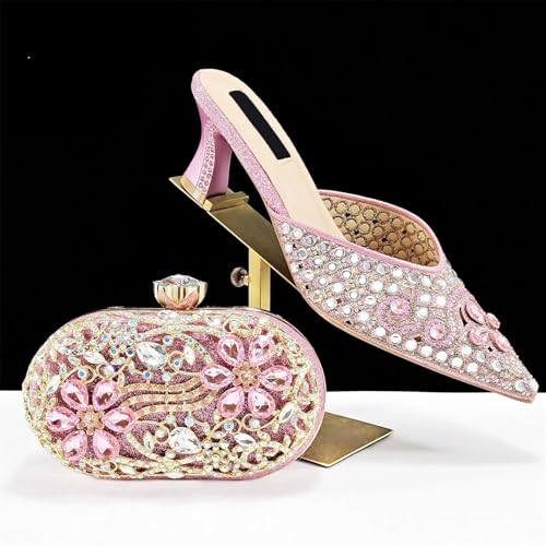 Women's Pink Italian Party Set - Comfortable Low Heel Sandals & Rhinestone Clutch for Casual Events2