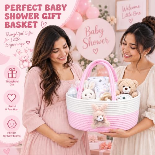 Image of House of Quirk Baby Diaper Caddy Organizer Cotton Rope Basket - Rabbit