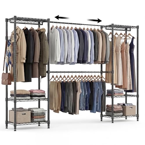 Himimi Kleiderständer Stabil Offener Kleiderschrank System mit 4 Kleiderstangen & 6 Höhenverstellbaren Regalen Teleskop-Kleiderständer Schwerlast Metall für Schlafzimmer 35×(182-240)×180cm Schwarz