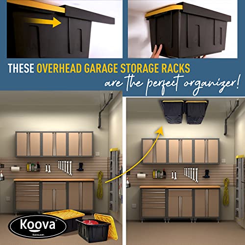 Image of Koova Heavy-Duty Overhead Garage Storage Rack for 2 Bins. Adjustable Width, 80lb Capacity. DIY Safe Ceiling Mount, Easy Install. Fits 27-Gallon Totes. USA Made Pro-Grade Steel. Space Saving Organizer