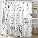 Decoreagy Floral Shower Curtain Set,Blue Beige Poppy Flowers Shower Curtains for Bathroom,Watercolor Lush Botanical Waterproof Fabric Bath Curtain with 12 Hooks 72x72in