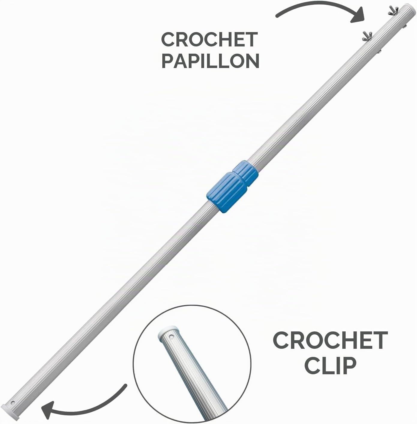SIQUA Perche Télescopique avec Système de Verrouillage par Clip et Écrou Papillon, Extensible Jusqu’à 5 m, Perche en Aluminium Strié, Manche pour Nettoyage de Piscine, Manche Télescopique Universel