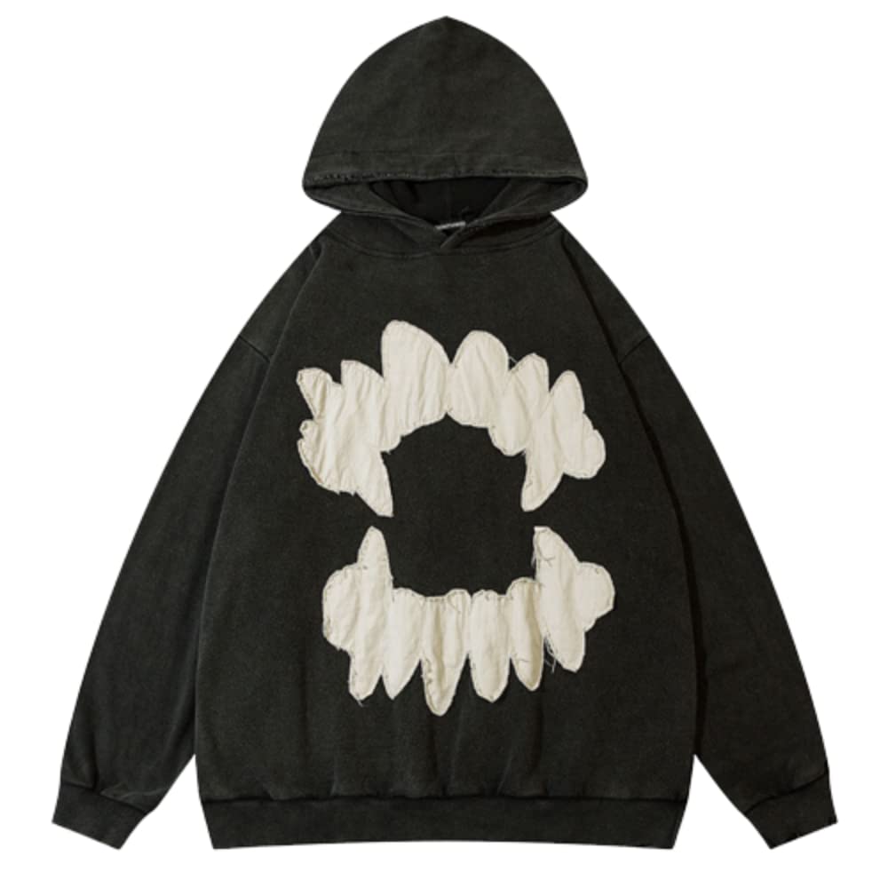 PonitrackY2K Vintage Mens Hoodie Y2K Grunge Ripped Embroidery Teeth Patch Hooded Streetwear Gothic Pullover
