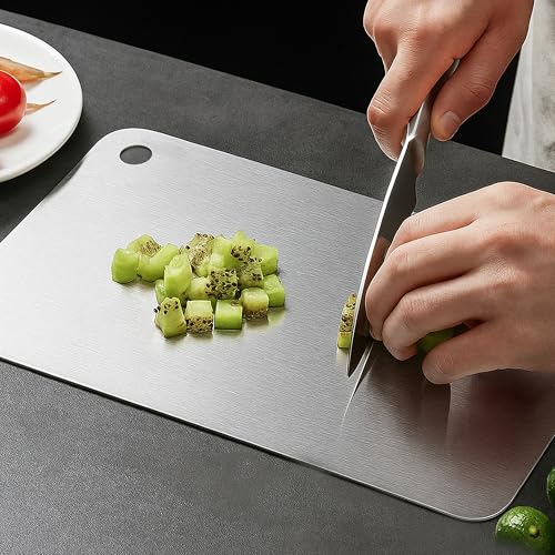 Image of HomeBasic Stainless Steel Chopping Board 36.5 x 28.5 cm | 304 Food Grade SS Cutting Board | Built-in 15 cm Ruler | Rust Resistant, Non-Porous | Vegetables, Meat, Fish & Dough | Hanging Hole