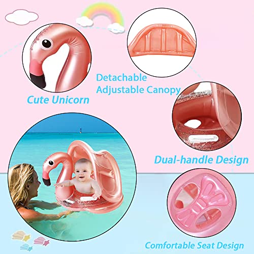 Arcimatto Baby Swimming Pool Floats With Removable Sun Protection Canopy, Cute Inflatable Raft With Seat And Handle, No Flip Over Kids Infants Boat Swim Ring For Toddler 4-48 Months (Glitter Flamingo) #TOP3