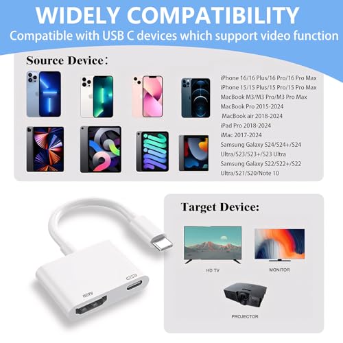 Image of Kinhaly USB C to HDTV for TV, 4K@60Hz Type C to Adapter with Charging Port, iPhone to HD to USB C Adapter Compatible for iPhone 16 /15 Series /iPad Pro /Galaxy /MacBook Pro to HDTV Projector