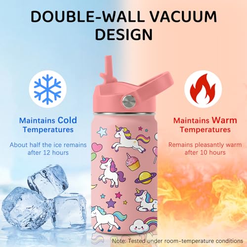 Image of Unicorn Water Bottle for Son & Daughter, Stainless Steel Insulated Tumbler with Straw Lid and Handle, 12oz Reusable Leak-Proof Bottle for Sports