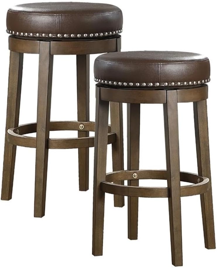 Pemberly Row 29" Swivel Bar Stools, Faux Leather Upholstery, Brown Finish, Nailhead Trim, Solid Wood Frame, Set of 2, Round Profile, Bar Height Design, 360-Degree Swivel, Casual Dining or Home Bar Use