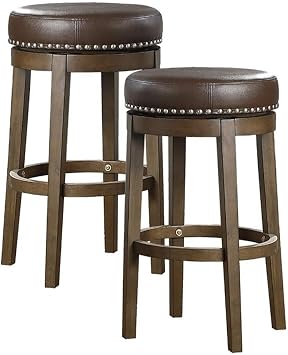 Pemberly Row 29" Swivel Bar Stools, Faux Leather Upholstery, Brown Finish, Nailhead Trim, Solid Wood Frame, Set of 2, Round Profile, Bar Height Design, 360-Degree Swivel, Casual Dining or Home Bar Use