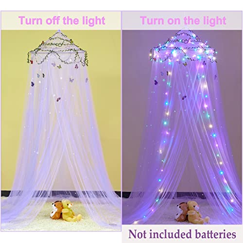 FIOBEE Bed Canopy for Girls Room Bed Canopy Curtains with Led Lights Mosquito Net DIY Princess Room Décor with Stars Butterflies for Kids Bedroom, Purple