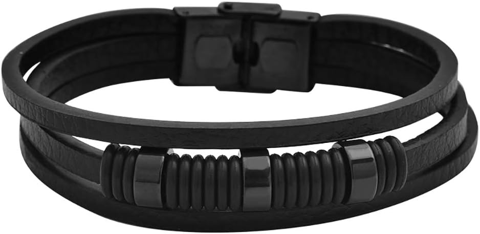 Men's Multi-Layer Genuine Leather Bracelet Wrisband with Stainless Steel Ornaments