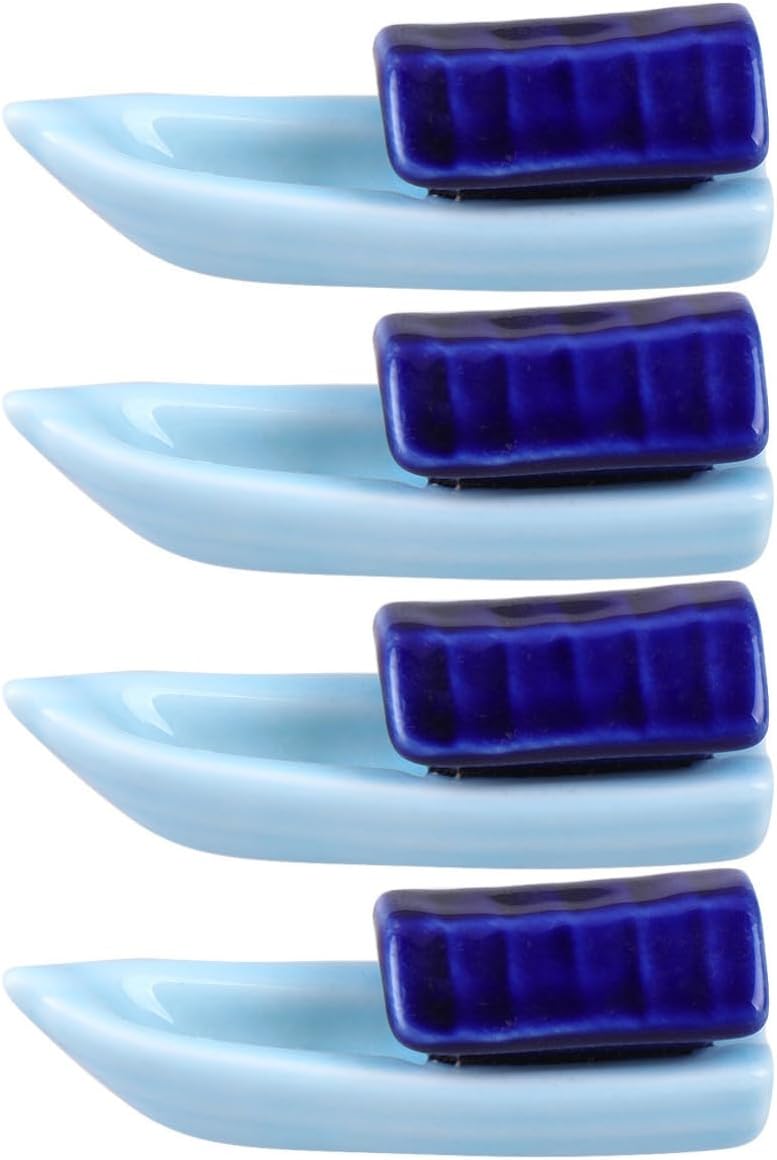 4pcs Blue Ceramic Chopsticks Rest Holder Boat Shape Japanese Style Chopstick Holder for Dining Table Decor and Housewarming Gift