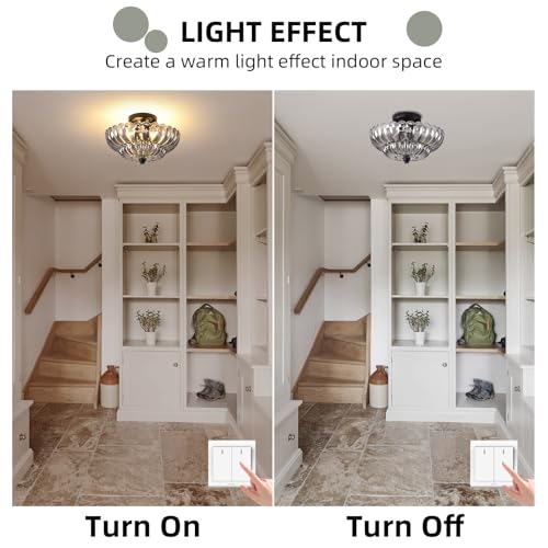 Image of Semi Flush Mount Ceiling Light, 11.8 Inch Black Vintage Hallway Light Fixture with Smoky Gray Glass, Close to Ceiling Light for Bedroom Kitchen Living Room Bathroom Foyer, E26 Base