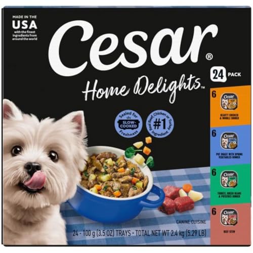 Cesar Home Delights Adult Wet Dog Food, Pot Roast with Spring Vegetables, Beef Stew, Turkey, Green Beans, & Potatoes, and Hearty Chicken & Noodle Dinner in Sauce Variety Pack, 3.5 oz. 24 Count