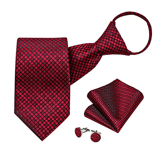 Image of DiBanGu Silk Zipper Ties for Men,Paisley Solid Plaid Pre-tied Tie and Pocket Square Cufflinks Set Formal Adjustable Necktie