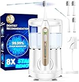 Spazzolino elettrico con idropulsore, timer intelligente da 2 minuti, 5 velocità regolabili e 3 modalità, serbatoio rimovibile da 500 ml, impermeabile IPX7, kit familiare per adulti e bretelle