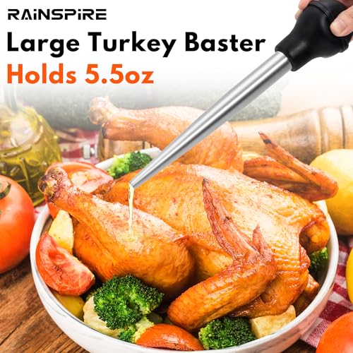 Rainspire Upgraded Large Stainless Steel Turkey Baster for Cooking With 2 Detachable Needles and Cleaning Brush Premium Baster Tool for Cooking Dishwasher Safe Home Baking Kitchen Tool, Black
