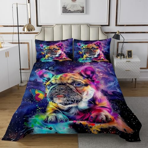 Erosebridal Watercolor Pug Twin Quilt Set Dog Theme Coverlet Set, Navy Blue Purple Bedding Set Cute Animal Bedspread Set for Girls Boys, Glitter Stars Galaxy Bed Quilt