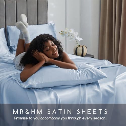 Image of MR&HM Satin Bed Sheets with Elastic Corner Straps, King Size Sheets Set, 4 Pcs Silky Bedding Set with 15 Inches Deep Pocket for Mattress (King, Blue Haze)