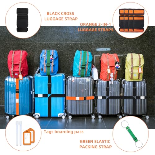 Image of 8 pcs Luggage Straps, CNYMANY 2-in-1 Travel Belt Add a Bag Luggage Strap, Adjustable Luggage Straps for suitcases Over Handle for Carry On Bag Airport Travel Accessories - Orange, Green, Black