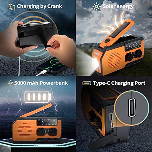 Nikiyo Solare Radio FM/AM/WB Portatile a Dinamo a Manovella con 5000 mAh Powerbank Torcia a LED Luce di Lettura Allarme SOS per Viaggi di Campeggio All'aperto di Emergenza