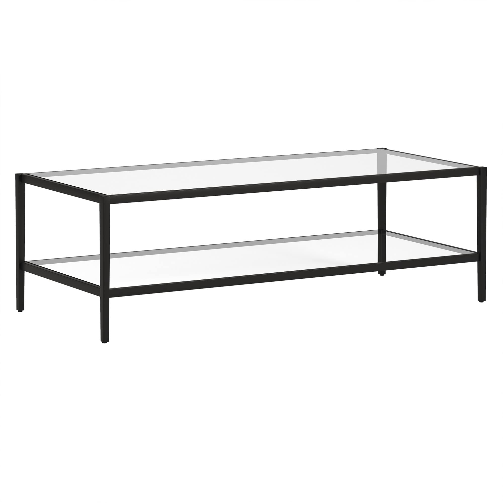 Henn&Hart 54" Wide Rectangular Coffee Table with Glass Shelf in Blackened Bronze, Modern coffee tables for living room, studio apartment essentials