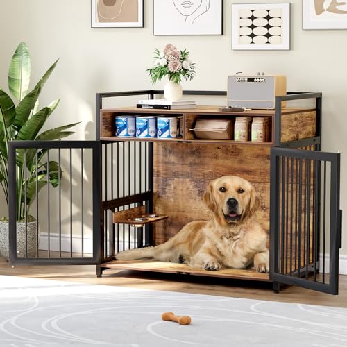 Hundekäfig Möbel, 123 x 76 x 110cm Hundebox Zuhause mit 2 Türen 2 Schubladen 1 Arbeitsplatte, Hundegitter mit Schwenkbaren Hundenäpfe, Hundehütte, Dekorative Haustierkiste für den Innenbereich