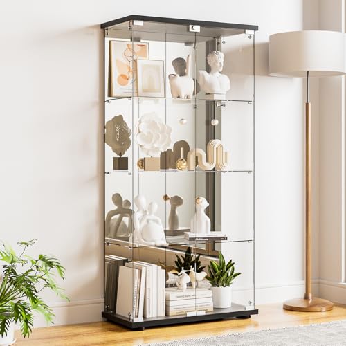 Darget Glass Display Cabinet 4-Shelf with Door, Lock and Mirror,4mm
