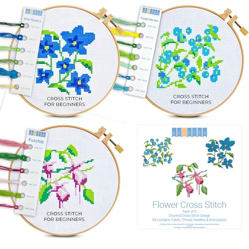 Kraftex Floral Stamped Cross Stitch Kits for Beginners - 3 Pack. DIY Embroidery Needlepoint Patterns...